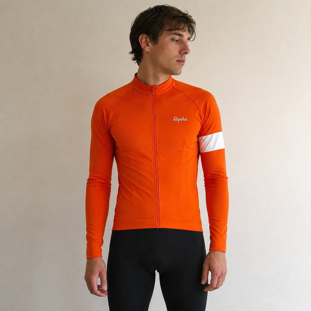 Rapha Mens Core Long Sleeve Jersey Small Orange Full Zip Armband Sporty Ciclismo